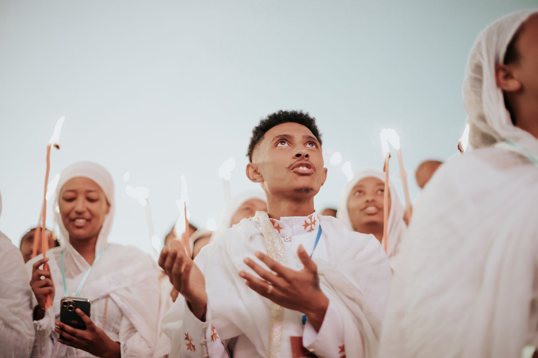 Young Ethiopians in white traditional clothing during an Orthodox celebration in Addis Ababa