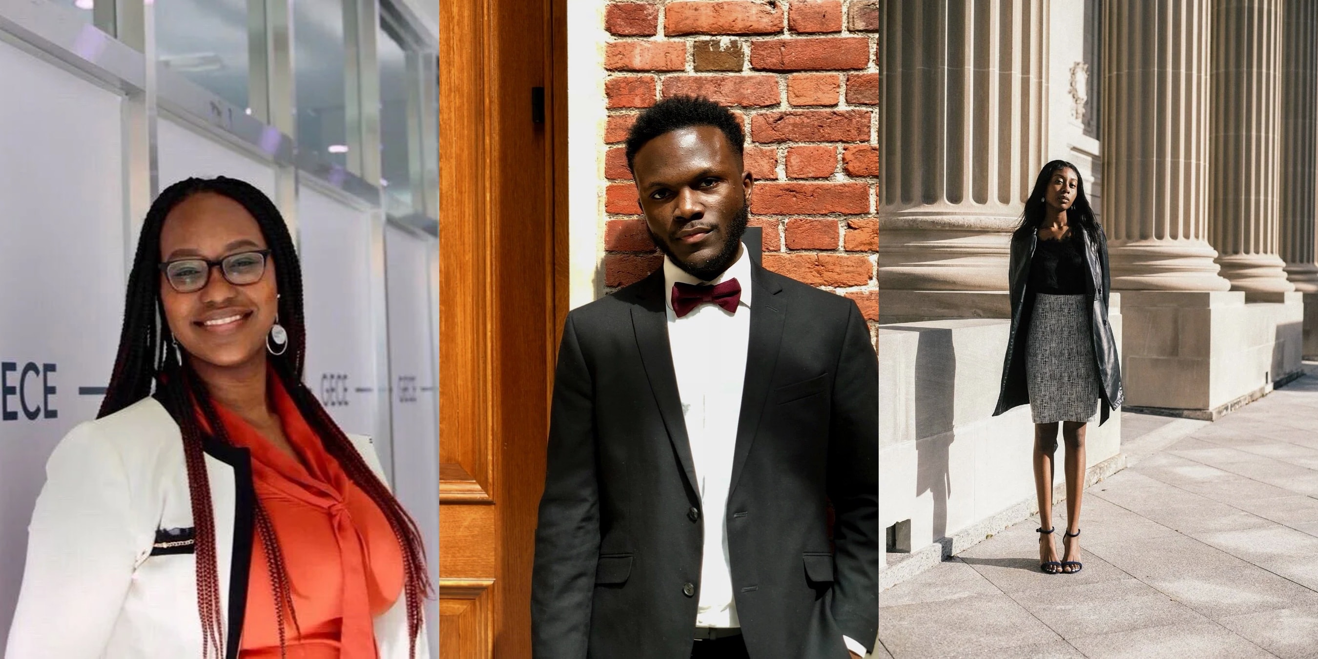 A portrait triptych of YMAU co-founders Ornella Bayigamba and Richard Mbouombouo with inaugural president Francesca Nyakora