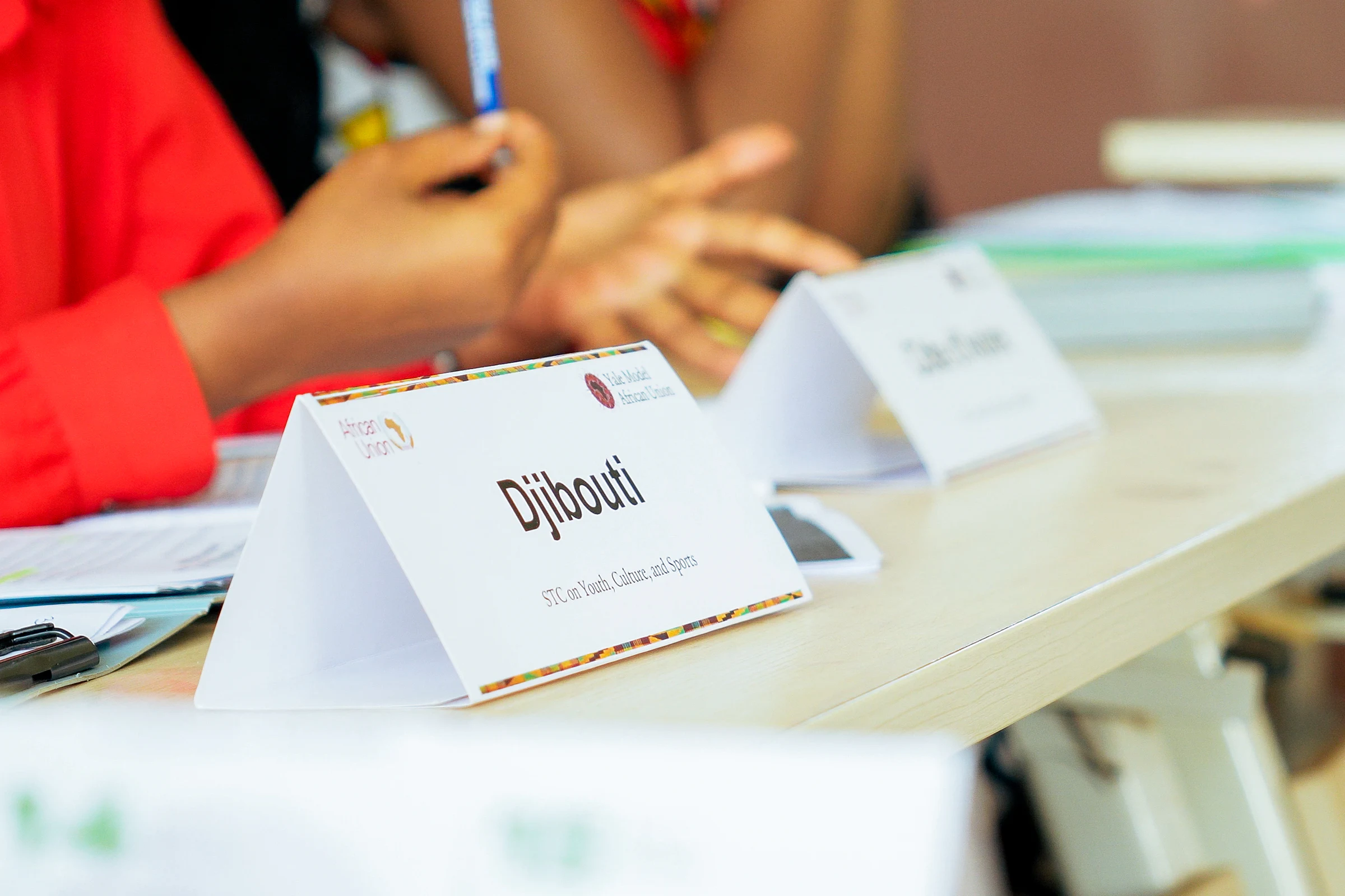 Country placards and research notes on a YMAU V committee table